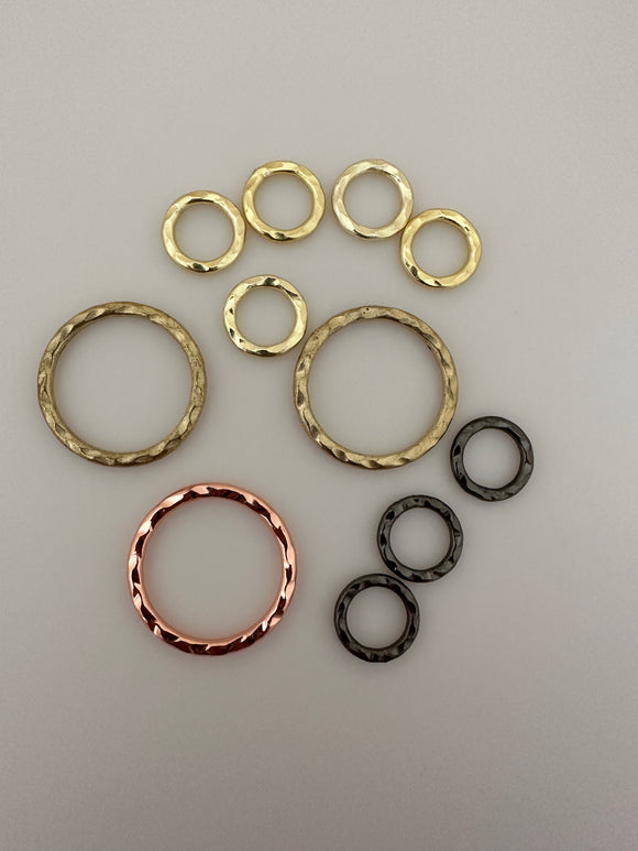 A Pack of Copper,Brass and Gunmetal Hammered Hoops  Rings, E-coated, Brushed Finish, Handmade Rings/Circles Available 7 size and three color