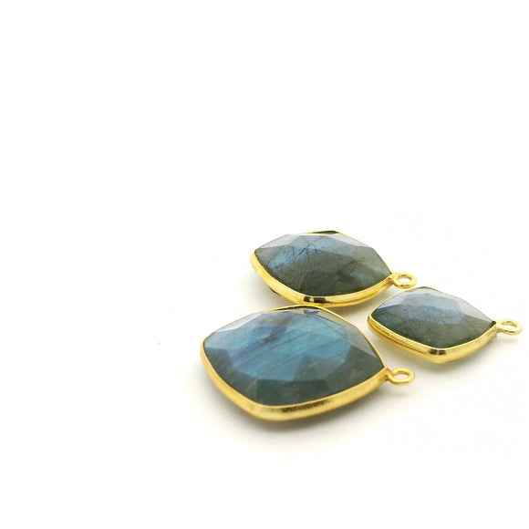 Labradorite Cushion Shape Bezel Pendant with Corner Loop – 12mm, 15mm, 18mm – Gold Plated Over Sterling Silver / 925 Silver – 1pcs