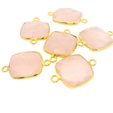 Rose Quartz Connector – Cushion Shape,  Gold-Plated Over Sterling Silver Bezel Size :12mm- 1 Piece