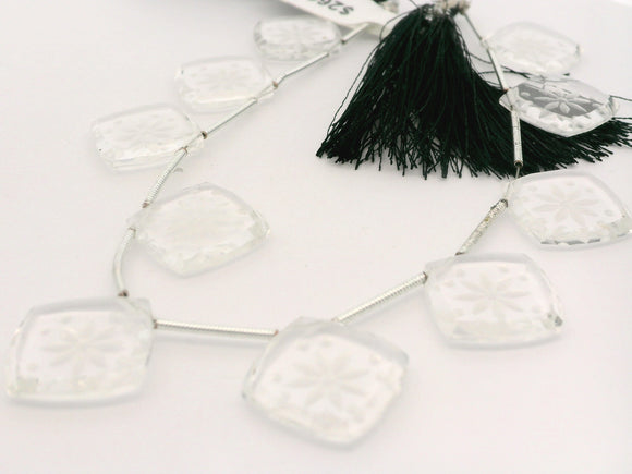Carved Clear Crystal Quartz Cushion Beads – 18–22mm Floral Engraved Gemstones – 10 Beads in Strand
