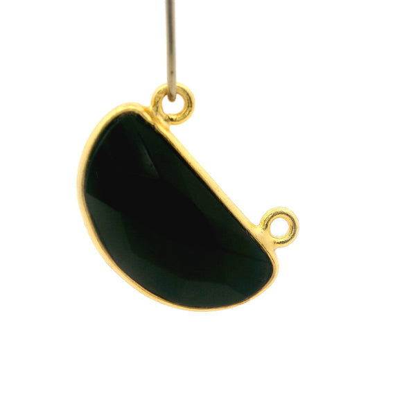 Black Onyx Half Moon Shape Connector – 9x18mm, 2 Loops, Bezel Set in 925 Sterling Silver and Gold Plated Silver, 1 Pcs