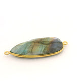 Multi Fire Labradorite Pear Connector – 14x32mm, 2 Loops, Bezel Set in 925 Sterling Silver & Gold Plated Silver, 1 Pc