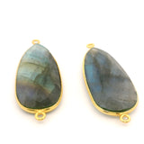 Multi Fire Labradorite Pear Connector – 14x32mm, 2 Loops, Bezel Set in 925 Sterling Silver & Gold Plated Silver, 1 Pc