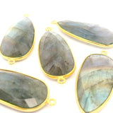 Multi Fire Labradorite Pear Connector – 14x32mm, 2 Loops, Bezel Set in 925 Sterling Silver & Gold Plated Silver, 1 Pc