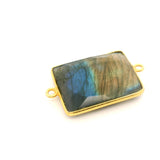 Multi Fire Labradorite Rectangle Connector – 15x20mm, 2 Loops, Bezel Set in 925 Sterling Silver & Gold Plated Silver, 1 Pc