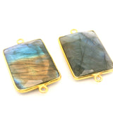 Multi Fire Labradorite Rectangle Connector – 15x20mm, 2 Loops, Bezel Set in 925 Sterling Silver & Gold Plated Silver, 1 Pc