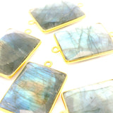 Multi Fire Labradorite Rectangle Connector – 15x20mm, 2 Loops, Bezel Set in 925 Sterling Silver & Gold Plated Silver, 1 Pc