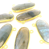 Oval Shape Blue Labradorite Connector Bezel – 10x24mm, 2 Loops, 925 Sterling Silver and Gold Plated Silver, Jewelry Link, 1 Pcs
