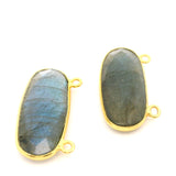 Oval Shape Blue Labradorite Connector Bezel – 10x24mm, 2 Loops, 925 Sterling Silver and Gold Plated Silver, Jewelry Link, 1 Pcs