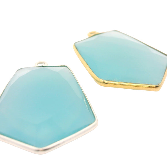 Tie Shape Aqua Chalcedony Bezel Pendant – 21x26mm, One Loop, 925 Sterling Silver and Gold Plated Silver, 1 Pcs