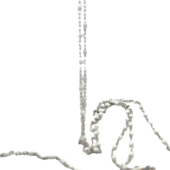 1 Foot Sterling Silver DC Cable Chain Rhodium Plated with Enamel White Beads – 0.6 mm Spacing – Bead Size 1.43 x 2.15 mm