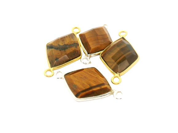 Tiger Eye Diamond Shape Bezel Connector 8x12mm & 12x15mm – Gold Plated Over Sterling Silver or 925 Silver
