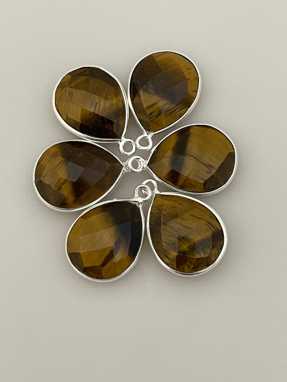 Tiger Eye Bezel Pack of Six Piece One Loop Real Sterling Silver 925 Tiger Eye Pear Shape, Size : 12mX15m.