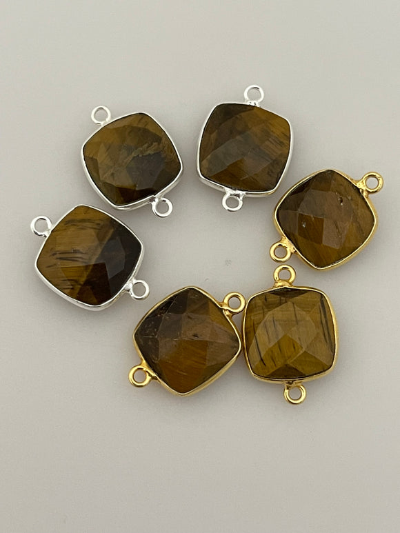 Tiger Eye Six   Pcs in a pack  Connector  Gold Plated And Sterling Silver  Tiger Eye Bezel Cushion Shape,Size:12mm.
