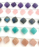Square Shape Gemstone Beads with Top Drill Hole, Corner  Hole Gemstones, Amethyst, Labradorite, Peach Moonstone, Rose Quartz, and Amazonite.