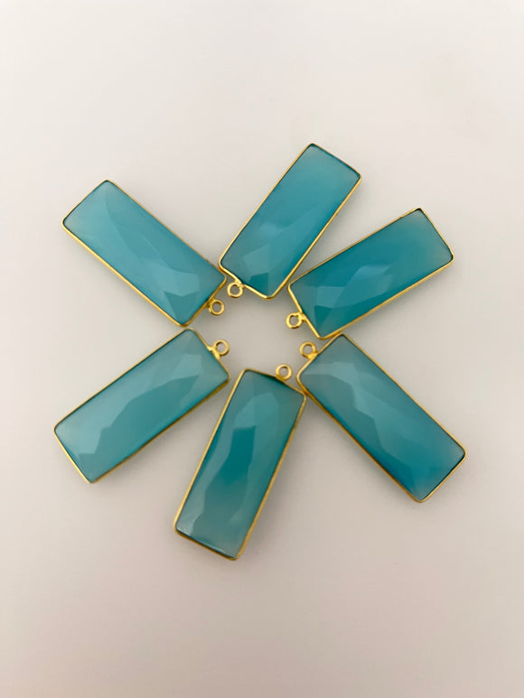 Aqua Chalcedony Bezel Pack Six Pieces One Loop Real Gold Plated and Sterling Silver 925 Aqua Chalcedony Rectangle Shape, Size : 12mmX30mm.