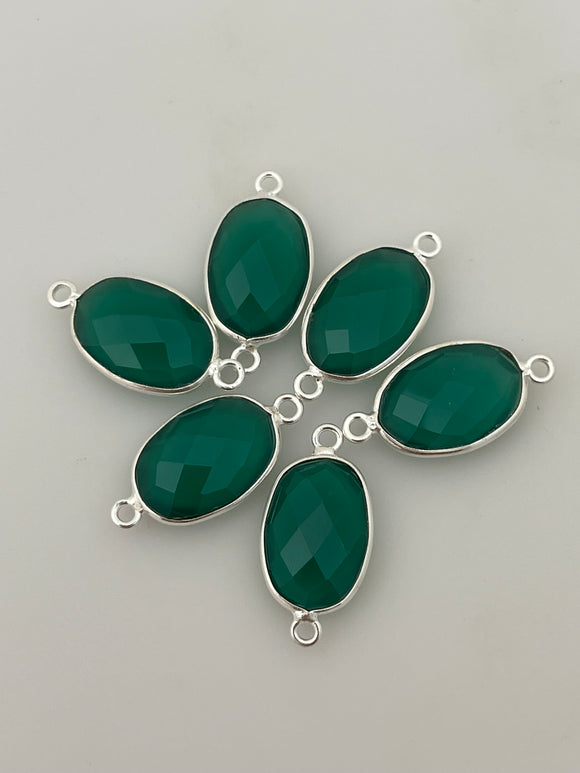 Green Onyx  bezel Pack of Six Pieces  Connector Real Gold Plated And Sterling Silver  Green Onyx Oval Shape, Size : 10mmX15mm.