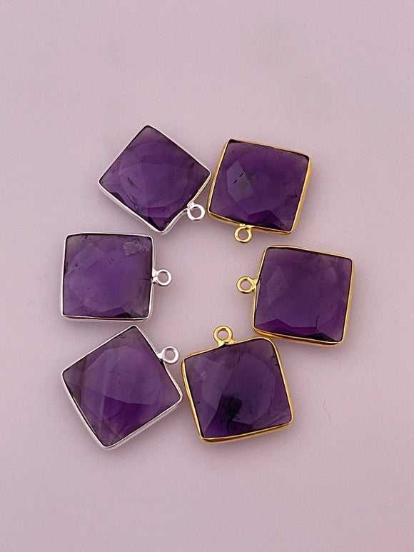 Amethyst Pack of Six Piece One Loop  Gold Plated And Sterling Silver 925 Amethyst Square Shape, Size : 15mm