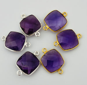 Amethyst bezel  Pack of Six Pieces Connector Real Gold Plated  Sterling Silver 925 Amethyst Cushion Shape, Size : 12mm.