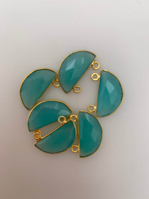 Aqua Chalcedony  Pack of Pieces Connector Real Gold Plated and Sterling Silver 925 Aqua Chalcedony Bezel Half Moon Shape,Size:9mmX18mm.