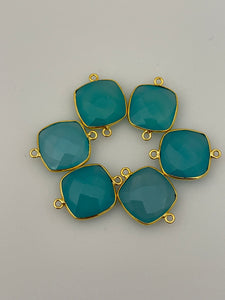 Aqua Chalcedony  Pack of  Six Pieces Connector Gold Plated And Sterling Silver 925 Aqua Chalcedony Bezel Cushion Shape,Size:15mm