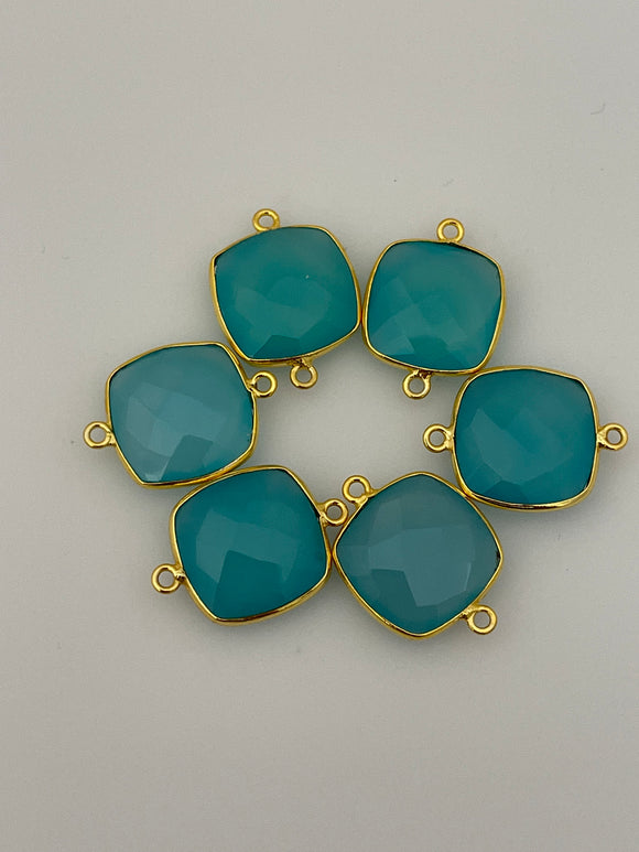 Aqua Chalcedony  Pack of  Six Pieces Connector Gold Plated And Sterling Silver 925 Aqua Chalcedony Bezel Cushion Shape,Size:15mm