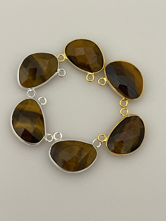 Tiger Eye  Six Piece a Pack Connector Gold Plated And  Sterling Silver 925 Tiger Eye H oval Shape, Size : 10mmX15mm.