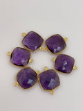 Amethyst bezel  Pack of Six Pieces Connector Real Gold Plated  Sterling Silver 925 Amethyst Cushion Shape, Size : 12mm.