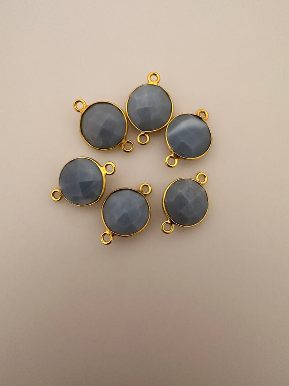 Blue Opal  Bezel Pack of Six Piece Connector, Gold Plated And Sterling Sterling Silver,  Coin Shape, Size : 11mm