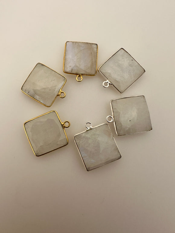 Rainbow Moonstone Bezel Pack of 6 Six Pcs One Loop Real Gold Plated And sterling Silver  Rainbow Moon Stone Square Shape Bezel  Size : 15mm.