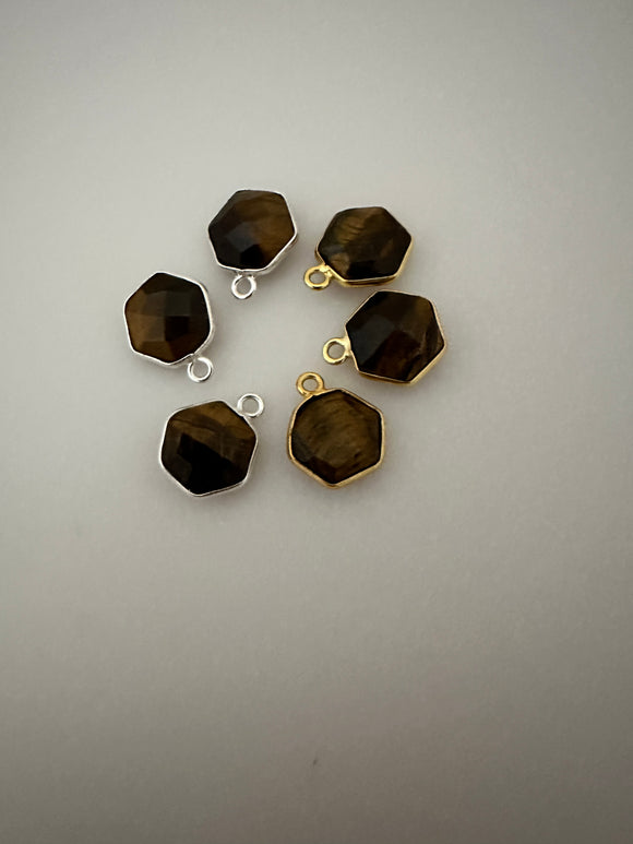 Tiger Eye A Pack of Six Piece  Gold  Plated And Sterling Silver Tiger Eye Hexagon Shape, Size : 9mm.