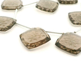 Smoky Quartz Carved Floral Cushion Gemstone Beads – Large 20–25mm Faceted Engraved Quartz Pieces – 11-Piece Strand for High-Quality Jewelry Designs