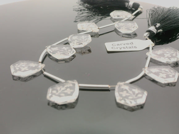 Carved Clear Crystal Quartz Faceted Floral Beads – 10 Beads in Strand – Engraved Crystal Quartz Gemstone Focals for Jewelry Making