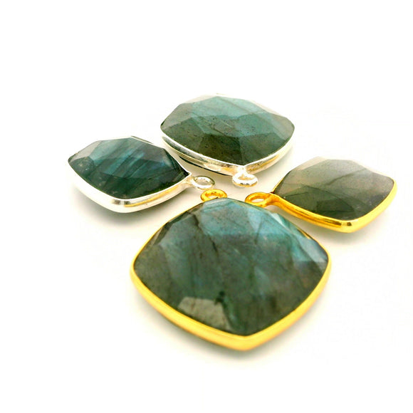 Labradorite Multi Fire Cushion Pendant 12mm, 15mm, 18mm, Corner Loop, Sterling Silver or Gold Plated over Sterling Silver, 1pc
