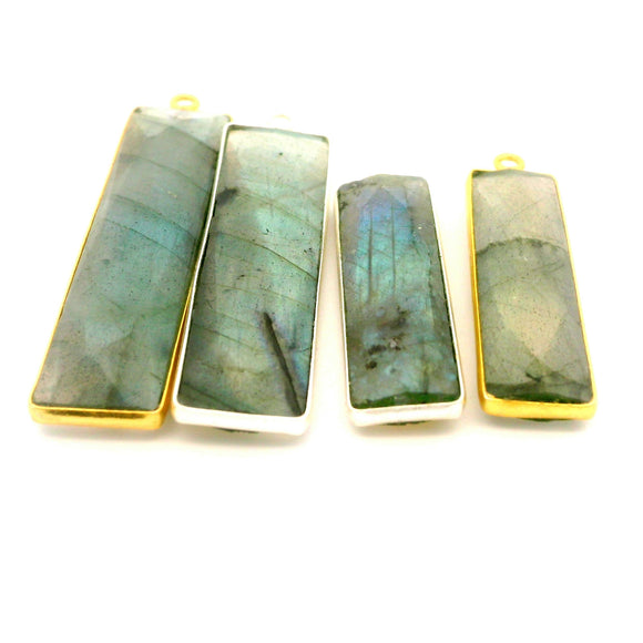 Labradorite Rectangle Multi Fire Pendant 10x40mm or 8x30mm, One Loop, Sterling Silver or Gold Plated, 1pc
