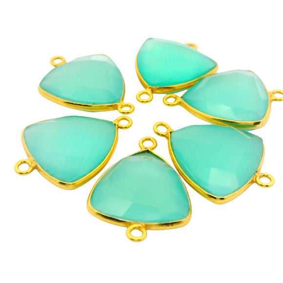 Aqua Chalcedony Trillion Connector – 15mm, 2 Loops, Bezel Set in 925 Sterling Silver & Gold Plated Silver, 1 Pc
