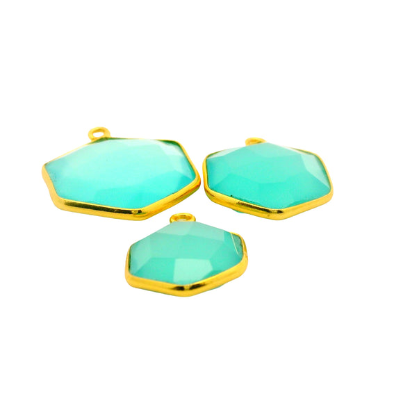 Aqua Calcedony Hexagon Pendant – One Loop, 12mm,15mm,18mm Gemstone Bezel, Gold Plated over Sterling Silver, 1 Pc