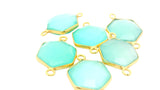 Aqua Chalcedony Hexagon Gemstone Connector, 12mm Two Loop Gold Plated Over Sterling Silver and Sterling Silver