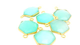 Aqua Chalcedony Hexagon Gemstone Connector, 12mm Two Loop Gold Plated Over Sterling Silver and Sterling Silver