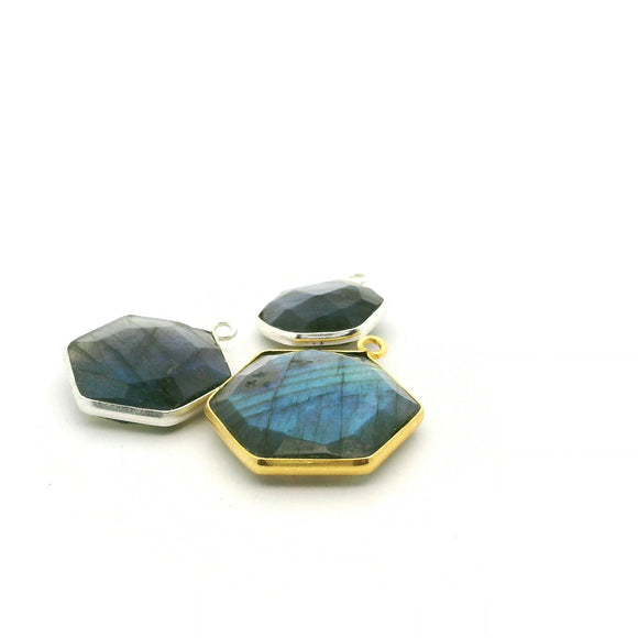 Labradorite Hexagon Shape One Loop Bezel Pendant – 12mm, 15mm, 18mm – Gold Plated Over Sterling Silver / 925 Silver – 1pcs