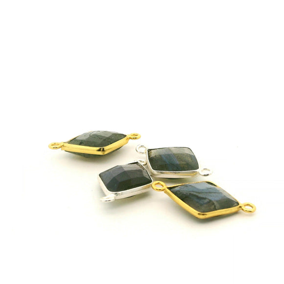 Labradorite Diamond Shape Bezel Connector – 8mm×12mm, 12mm×15mm – Gold Plated Over Sterling Silver / 925 Silver – 1pcs