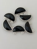Black Onyx bezel Pack of Six Pieces  Connector Sterling Silver  Black Onyx Half Moon  Shape, Size : 9mmX18mm.