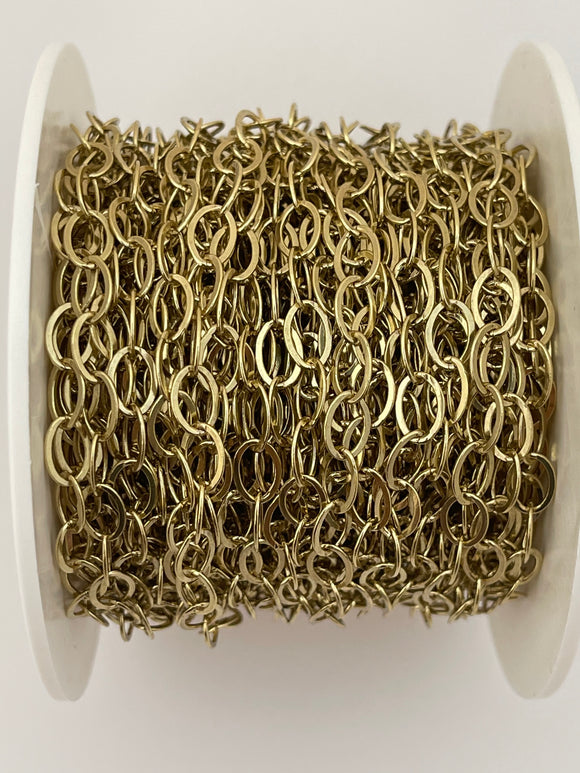 3 Feet of Gold Plated Brass Chain. Flat Oval Cable Chain, Smooth and flat chain. Electro Plated Chain. Size:7mmX5mm .