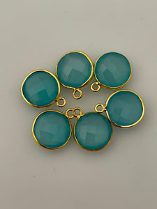 Aqua Chalcedony Bezel Pack of 6 Pieces One Loop Real Gold Plated And Sterling Silver Natural Aqua Chalcedony Round Shape, Two Size :15mm,11mm