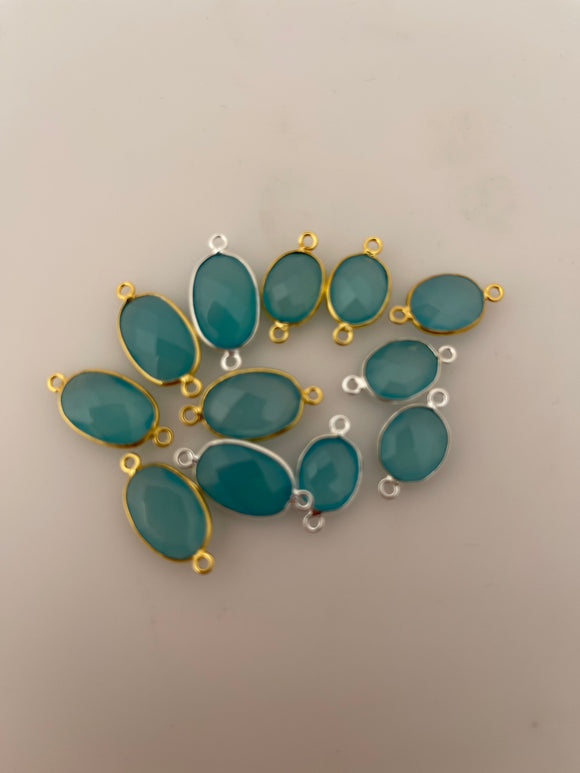 Aqua Chalcedony Bezel Pack of Six Pieces Connector Real Gold Plated And Sterling Silver Aqua Chalcedony Oval Shape, Two Size :10mX15m,9mX11m