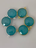 Aqua Chalcedony Bezel Pack of 6 Pieces 2 Loop Real Gold Plated And  Sterling Silver Aqua Chalcedony Round  Shape, Size :15mm.