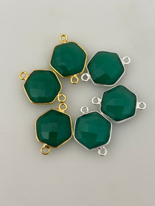 Green Onyx Bezel  pack of 6 pieces of Connectors Green Onyx Sterling Silver (925) Bezel, Gold Plated, Hexagon Shape, Size : 12mm