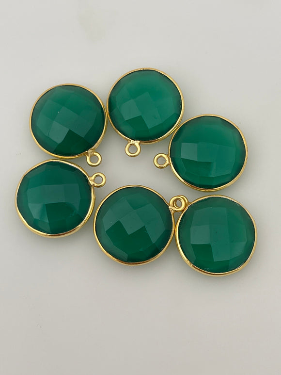 Green Onyx  Pack of Six Pieces one Loop Real Gold Plated  Green  Onyx Coin Shape, Size : 15mm.DM 1163