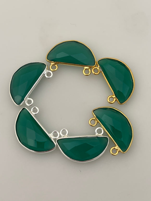Green Onyx  Pack of Pieces Connector Real Gold Plated and Sterling Silver 925 Green Onyx Bezel Half Moon Shape,Size:9mmX18mm.