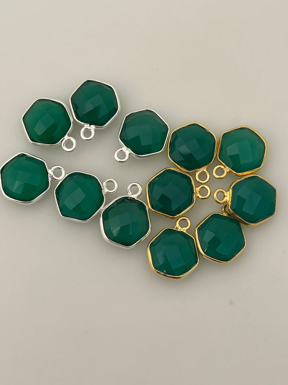 Green Onyx A Pack of Six Piece Connector Gold Plated And  Sterling Silver 925 Green Onyx Hexagon Shape, Size : 9mm